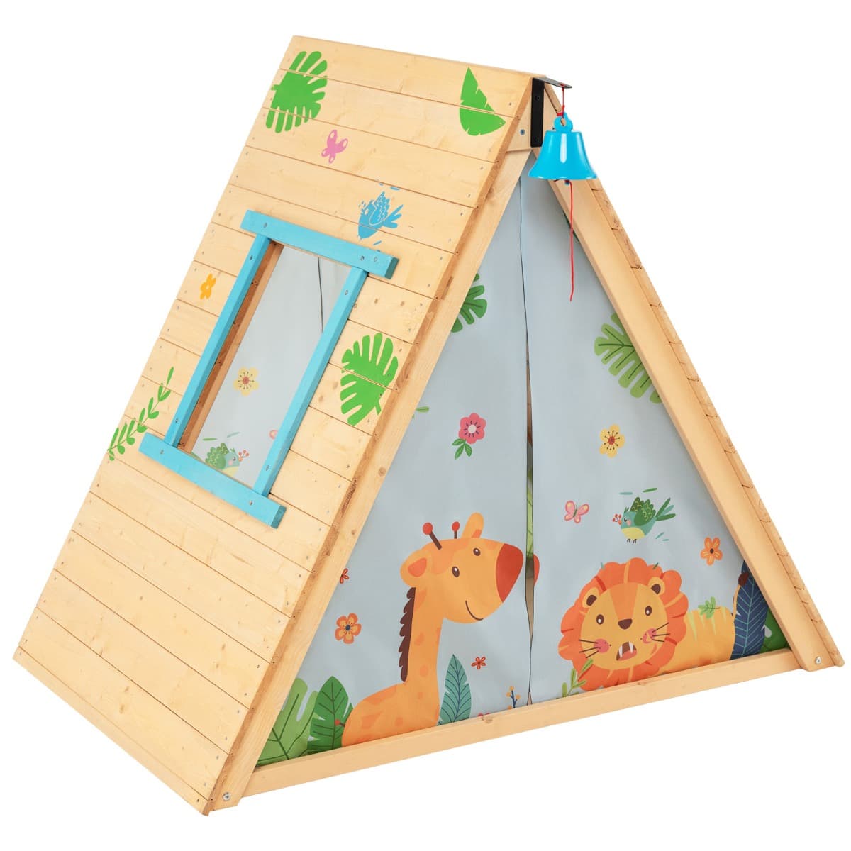 CostwayMaison de Jardin Enfants 2 en 1 avec Escalade Cloche Imperméable Cabane en Bois de Sapin Exterieur et Intérieur 3-8 Ans