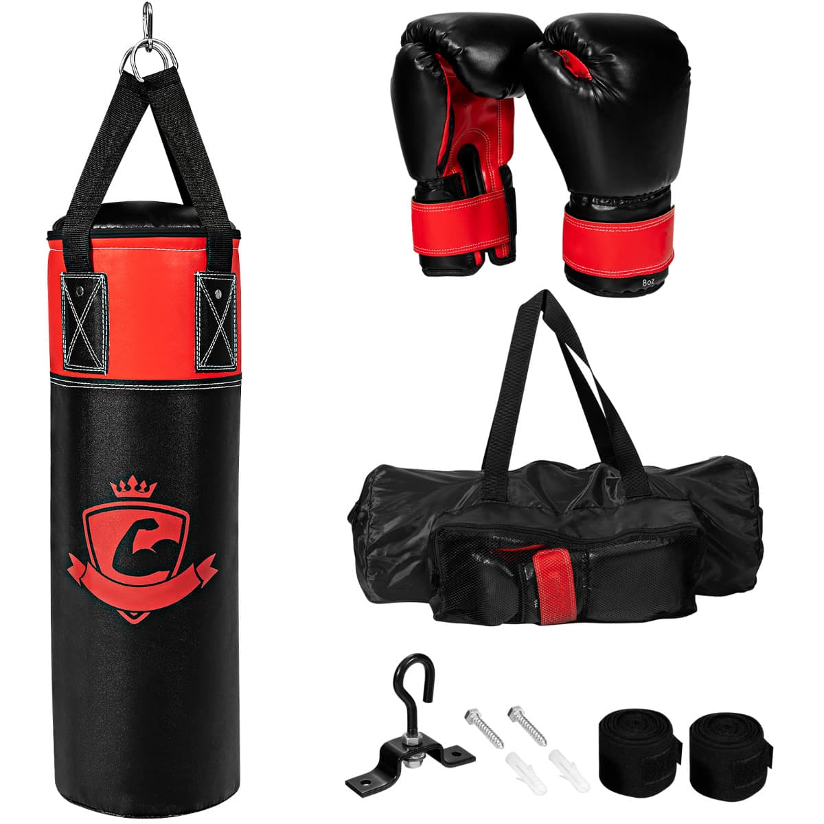 CostwayEnsemble de Sac de Frappe Enfants 60cm avec Gants de Boxe Bandages Sac de Rangement Entraînement au Karaté Taekwondo Noir